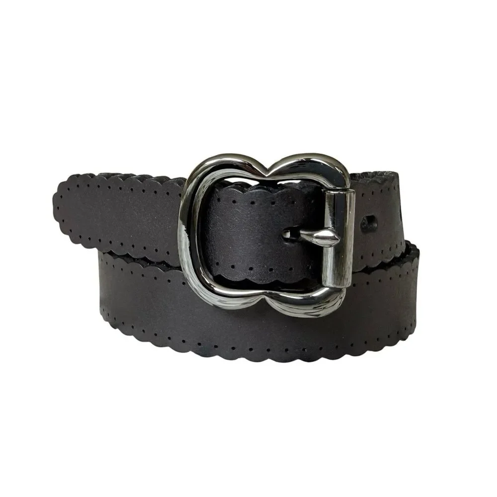 Fossil Women's Black Scalloped Laser Cut Leather Belt Sz Medium Gunmetal Buckle